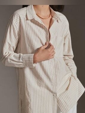 Anthropologie Neutral Striped Longline Button Down Blouse Size S